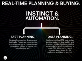 REAL-TIME PLANNING & BUYING.
INSTINCT &
AUTOMATION.
Responding to culture & consumers
looking for “super-fast opportunities
to create super-current, super-topical
content that millions of people can
immediately share”.
Real-time bidding (RTB) emerged at
the intersection of data liquidity and
inventory liquidity. Real-time bidding
helps media buyers find audiences at
scale. This drives performance
ensuring an ad is seen by the
audience most likely to respond.
FAST PLANNING. DATA PLANNING.
 