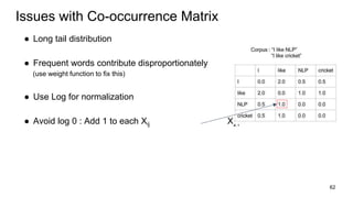Issues with Co-occurrence Matrix
● Long tail distribution
● Frequent words contribute disproportionately
(use weight function to fix this)
● Use Log for normalization
● Avoid log 0 : Add 1 to each Xij X21
62
 