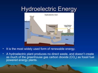 Hydroelectric Energy
Hydroelectric Energy
• It is the most widely used form of renewable energy.
• A hydroelectric plant produces no direct waste, and doesn’t create
as much of the greenhouse gas carbon dioxide (CO2) as fossil fuel
powered energy plants.
 