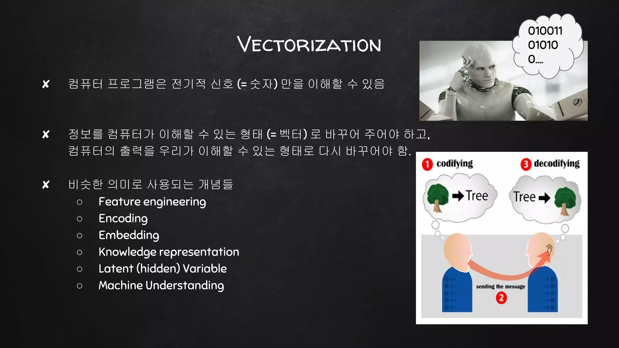 ✘ 컴퓨터 프로그램은 전기적 신호 (= 숫자) 만을 이해할 수 있음
✘ 정보를 컴퓨터가 이해할 수 있는 형태 (= 벡터) 로 바꾸어 주어야 하고,
컴퓨터의 출력을 우리가 이해할 수 있는 형태로 다시 바꾸어야 함.
✘ 비슷한 의미로 사용되는 개념들
○ Feature engineering
○ Encoding
○ Embedding
○ Knowledge representation
○ Latent (hidden) Variable
○ Machine Understanding
Vectorization
010011
01010
0….
 