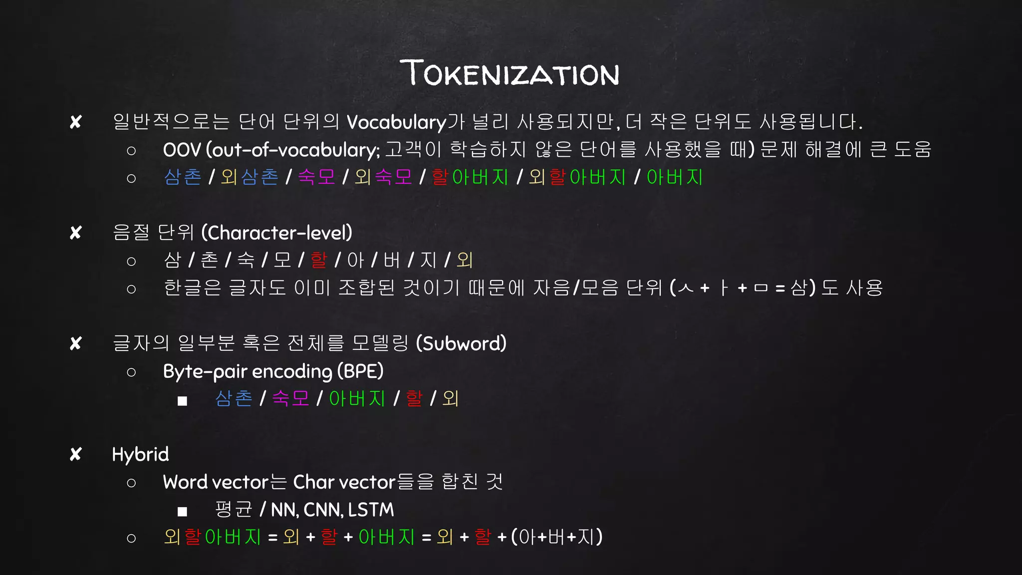 Tokenization
✘ 일반적으로는 단어 단위의 Vocabulary가 널리 사용되지만, 더 작은 단위도 사용됩니다.
○ OOV (out-of-vocabulary; 고객이 학습하지 않은 단어를 사용했을 때) 문제 해결에 큰 도움
○ 삼촌 / 외삼촌 / 숙모 / 외숙모 / 할아버지 / 외할아버지 / 아버지
✘ 음절 단위 (Character-level)
○ 삼 / 촌 / 숙 / 모 / 할 / 아 / 버 / 지 / 외
○ 한글은 글자도 이미 조합된 것이기 때문에 자음/모음 단위 (ㅅ + ㅏ + ㅁ = 삼) 도 사용
✘ 글자의 일부분 혹은 전체를 모델링 (Subword)
○ Byte-pair encoding (BPE)
■ 삼촌 / 숙모 / 아버지 / 할 / 외
✘ Hybrid
○ Word vector는 Char vector들을 합친 것
■ 평균 / NN, CNN, LSTM
○ 외할아버지 = 외 + 할 + 아버지 = 외 + 할 + (아+버+지)
 