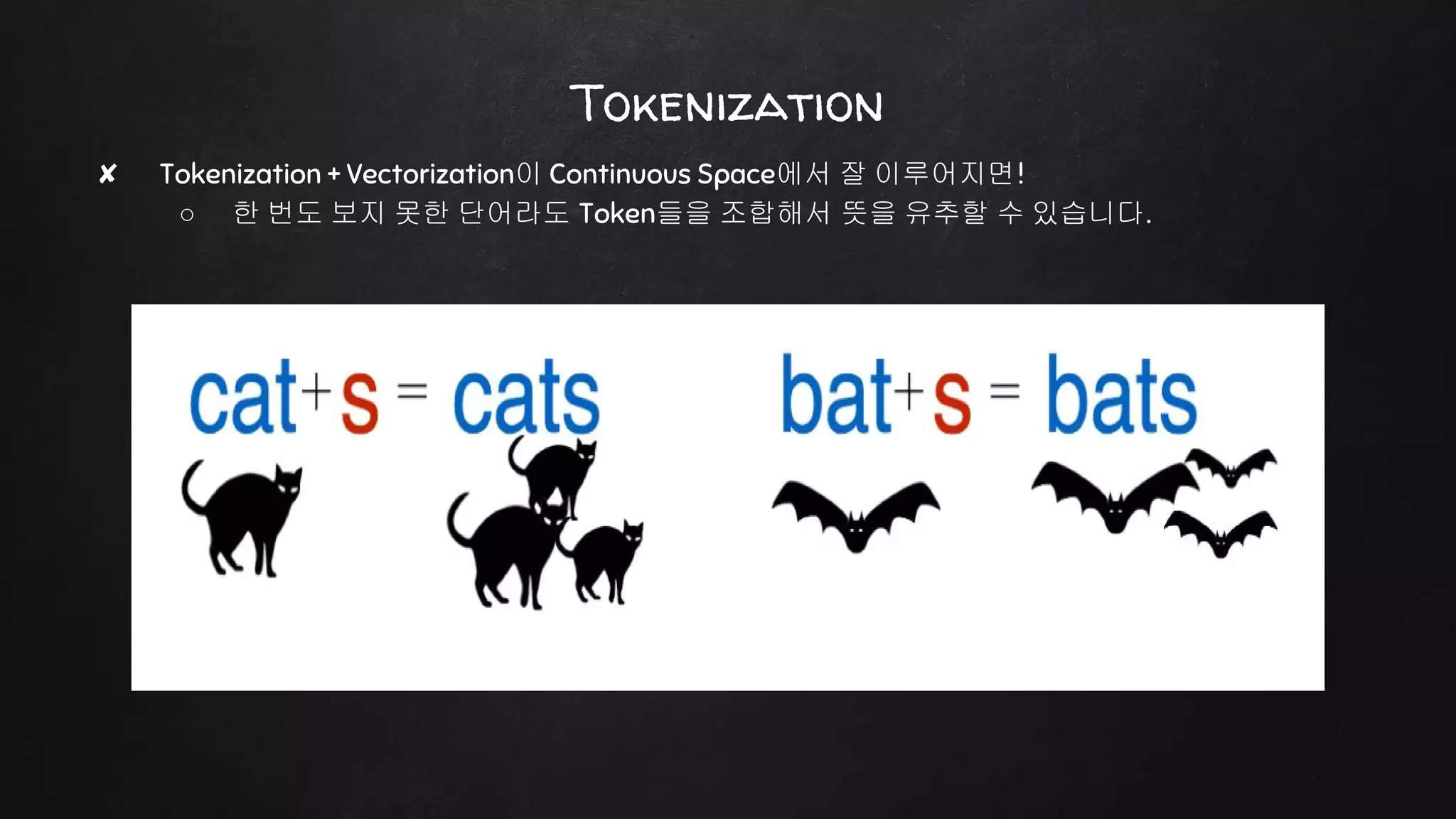 Tokenization
✘ Tokenization + Vectorization이 Continuous Space에서 잘 이루어지면!
○ 한 번도 보지 못한 단어라도 Token들을 조합해서 뜻을 유추할 수 있습니다.
 