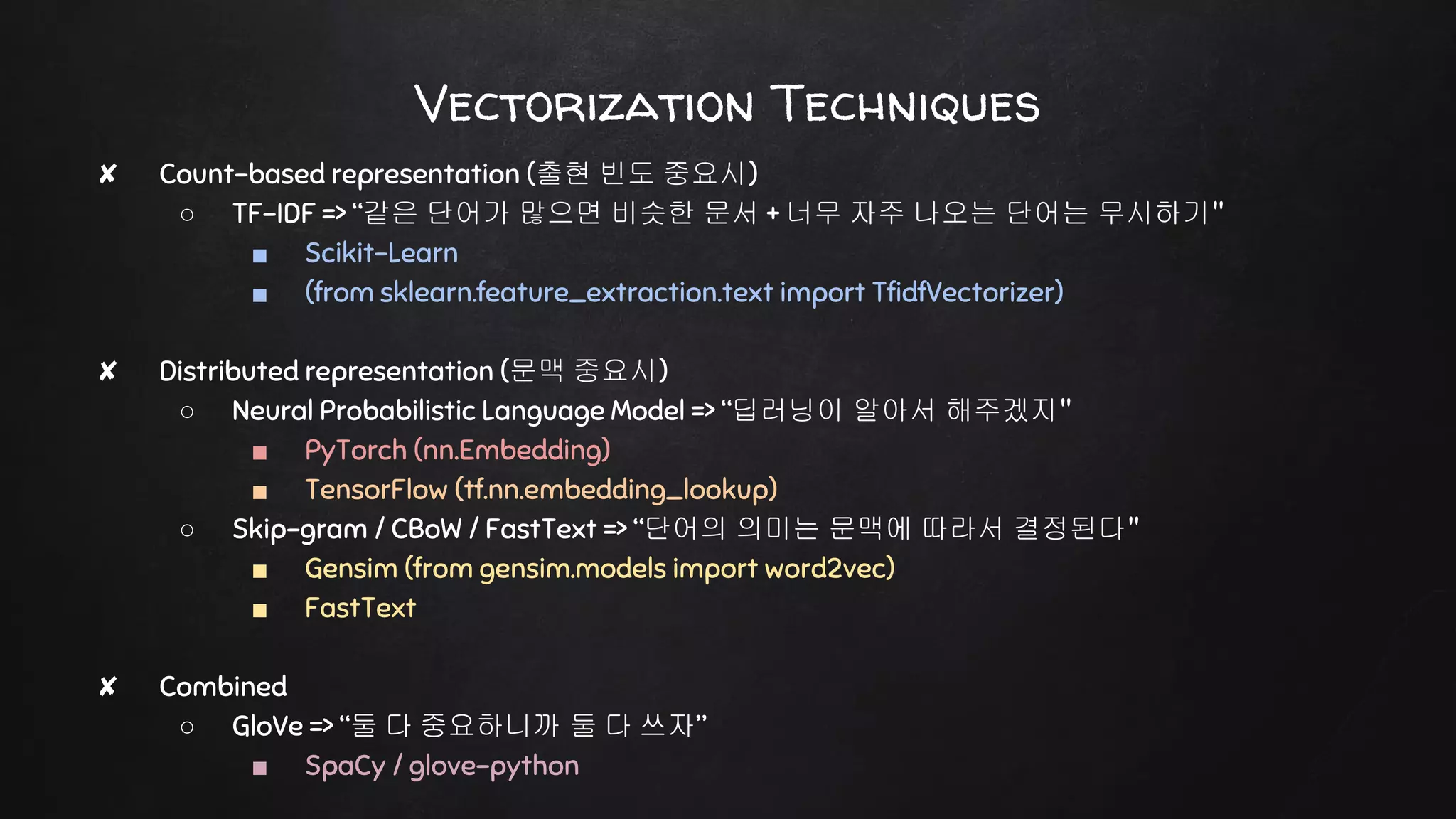 ✘ Count-based representation (출현 빈도 중요시)
○ TF-IDF => “같은 단어가 많으면 비슷한 문서 + 너무 자주 나오는 단어는 무시하기"
■ Scikit-Learn
■ (from sklearn.feature_extraction.text import TfidfVectorizer)
✘ Distributed representation (문맥 중요시)
○ Neural Probabilistic Language Model => “딥러닝이 알아서 해주겠지"
■ PyTorch (nn.Embedding)
■ TensorFlow (tf.nn.embedding_lookup)
○ Skip-gram / CBoW / FastText => “단어의 의미는 문맥에 따라서 결정된다"
■ Gensim (from gensim.models import word2vec)
■ FastText
✘ Combined
○ GloVe => “둘 다 중요하니까 둘 다 쓰자”
■ SpaCy / glove-python
Vectorization Techniques
 