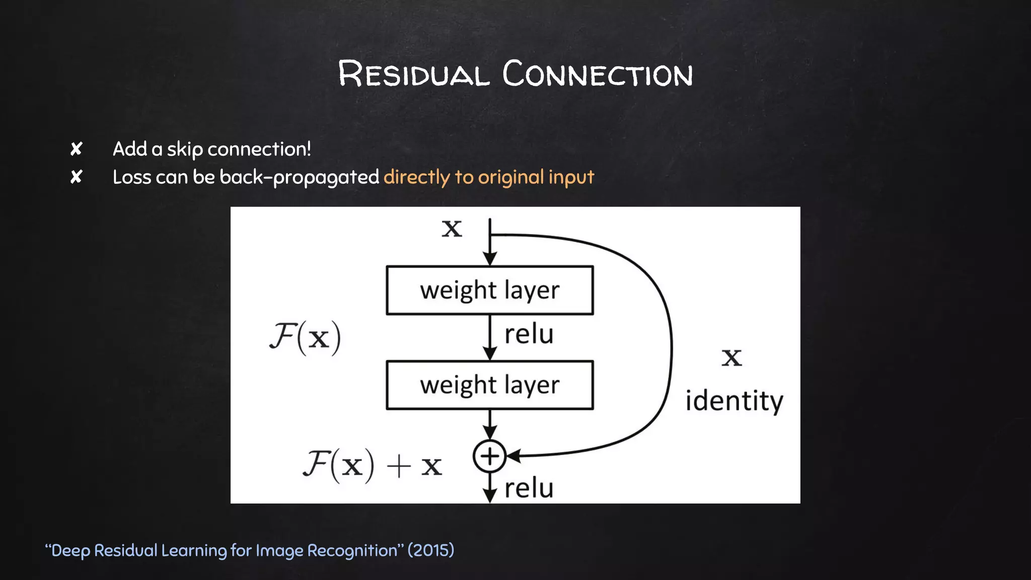 Residual Connection
✘ Add a skip connection!
✘ Loss can be back-propagated directly to original input
“Deep Residual Learning for Image Recognition” (2015)
 