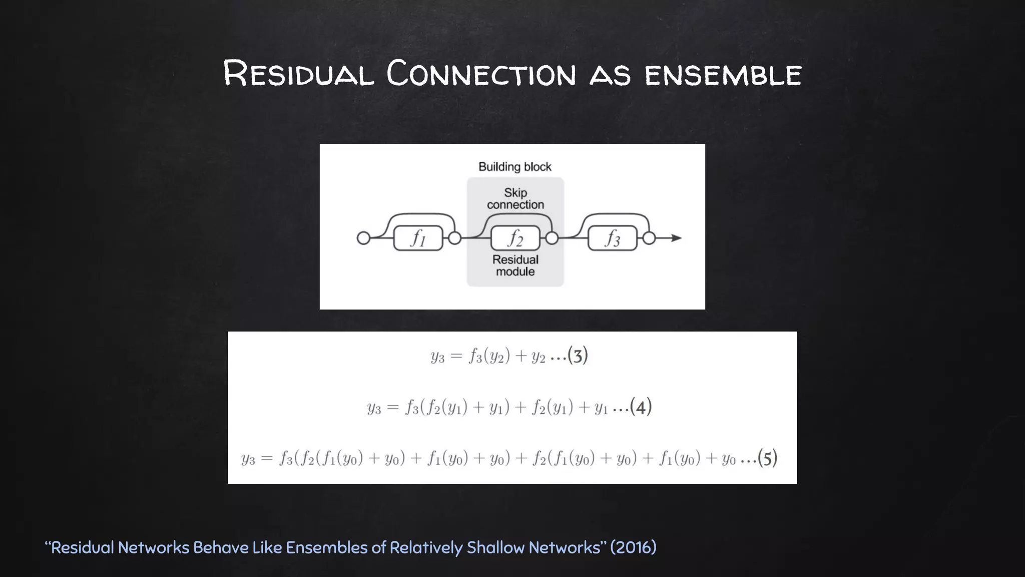 Residual Connection as ensemble
“Residual Networks Behave Like Ensembles of Relatively Shallow Networks” (2016)
 