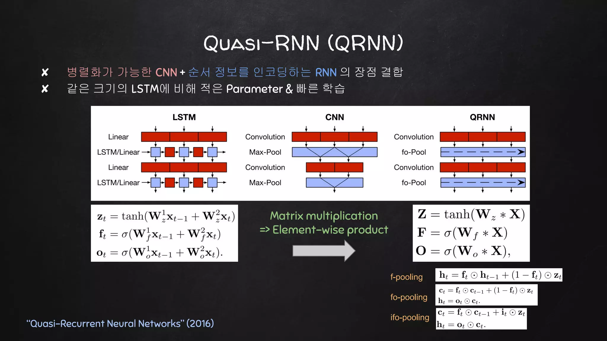 Quasi-RNN (QRNN)
“Quasi-Recurrent Neural Networks” (2016)
✘ 병렬화가 가능한 CNN + 순서 정보를 인코딩하는 RNN 의 장점 결합
✘ 같은 크기의 LSTM에 비해 적은 Parameter & 빠른 학습
f-pooling
fo-pooling
ifo-pooling
Matrix multiplication
=> Element-wise product
 