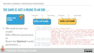 FullStack Developers Israel
MACHINE LEARNING | CONTINUOUS OPERATIONS
THE GAME IS JUST A MEANS TO AN END …
TENSOR-FLOW TRAINING
TENSOR-FLOW
TRAINING
# epochs lr more ﬂags
1 flags = tf.app.flags
2 flags.DEFINE_float("lr", 0.0001, "Learning Rate")
3 flags.DEFINE_string("units", "((50, 0.2), (40, 0.1))", "Configuration of hidden un
4 "Expected: tuple of tuple pairs. Each pair represent one hidde
5 "For instance: "((100, 0.2), (50, 0.3))" will create dense h
6 "dropout layer with rate of 0.2. Afterwards, it will create de
7 "dropout layer with rate of 0.3. If you wish to have hidden la
8 "second value. Example: "((100,), (50, 0.3))"")
9 flags.DEFINE_integer("epochs", 10, "Number of epochs")
10 flags.DEFINE_float("batch_frac", 0.3, "The fraction of training examples to consid
11 "For instance, 0.1 will divide the training to 10 batches")
12 flags.DEFINE_boolean("draw_plot", False, "Whether to draw a plot at the end")
13 flags.DEFINE_boolean("export_js", False, "Whether to export to a tenorflow.js mode
14 FLAGS = flags.FLAGS
TENSOR-FLOW TRAINING
# epochs lr more ﬂags
‣ We need to train our
model 
With different parameters
to 
Reach the Optimal model
parameters …
 