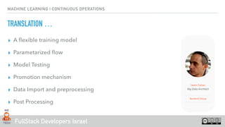 FullStack Developers Israel
MACHINE LEARNING | CONTINUOUS OPERATIONS
TRANSLATION …
▸ A ﬂexible training model
▸ Parametarized ﬂow
▸ Model Testing
▸ Promotion mechanism
▸ Data Import and preprocessing
▸ Post Processing
 
