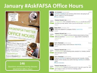 January #AskFAFSA Office Hours




              146
 Questions answered during January
      #AskFAFSA Office Hours
 