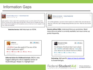 Information Gaps




     Selective Service: Add help topic to FOTW.         Parents without SSNs: Understand there are sensitivities. Need
                                                        more info as to what is currently available, but issue comes up
                                                        pretty frequently.




 Deferred Action for Childhood Arrivals: DACA is new.         Estimating: Add specific steps on how to estimate
 Suggest adding this info to eligibility section of           to StudentAid.gov.
 StudentAid.gov. Maybe in a highlight box?
 