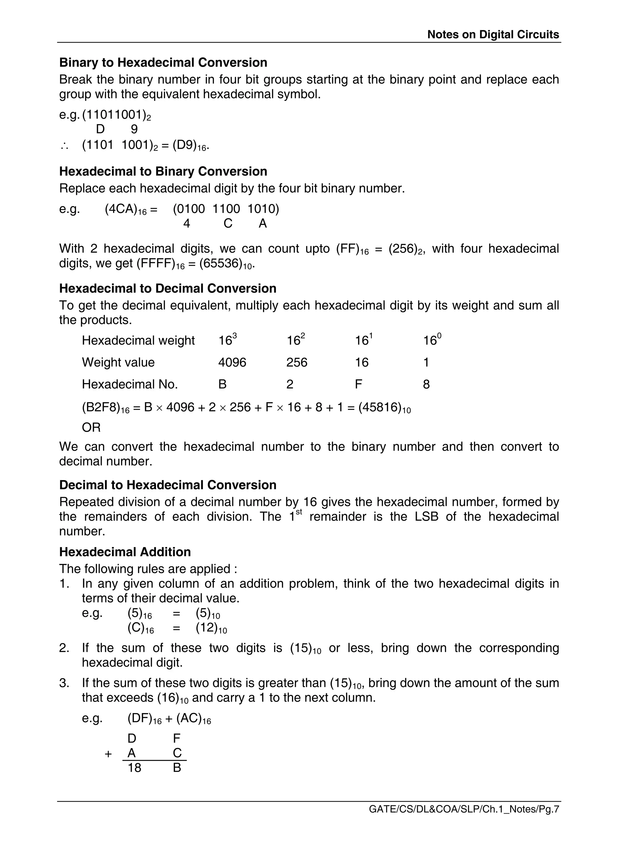 Notes on Digital Circuits
GATE/CS/DL&COA/SLP/Ch.1_Notes/Pg.7
Binary to Hexadecimal Conversion
Break the binary number in four bit groups starting at the binary point and replace each
group with the equivalent hexadecimal symbol.
e.g.(11011001)2
D 9
 (1101 1001)2 = (D9)16.
Hexadecimal to Binary Conversion
Replace each hexadecimal digit by the four bit binary number.
e.g. (4CA)16 = (0100 1100 1010)
4 C A
With 2 hexadecimal digits, we can count upto (FF)16 = (256)2, with four hexadecimal
digits, we get (FFFF)16 = (65536)10.
Hexadecimal to Decimal Conversion
To get the decimal equivalent, multiply each hexadecimal digit by its weight and sum all
the products.
Hexadecimal weight 163
162
161
160
Weight value 4096 256 16 1
Hexadecimal No. B 2 F 8
(B2F8)16 = B  4096 + 2  256 + F  16 + 8 + 1 = (45816)10
OR
We can convert the hexadecimal number to the binary number and then convert to
decimal number.
Decimal to Hexadecimal Conversion
Repeated division of a decimal number by 16 gives the hexadecimal number, formed by
the remainders of each division. The 1st
remainder is the LSB of the hexadecimal
number.
Hexadecimal Addition
The following rules are applied :
1. In any given column of an addition problem, think of the two hexadecimal digits in
terms of their decimal value.
e.g. (5)16 = (5)10
(C)16 = (12)10
2. If the sum of these two digits is (15)10 or less, bring down the corresponding
hexadecimal digit.
3. If the sum of these two digits is greater than (15)10, bring down the amount of the sum
that exceeds (16)10 and carry a 1 to the next column.
e.g. (DF)16 + (AC)16
D F
+ A C
18 B
 