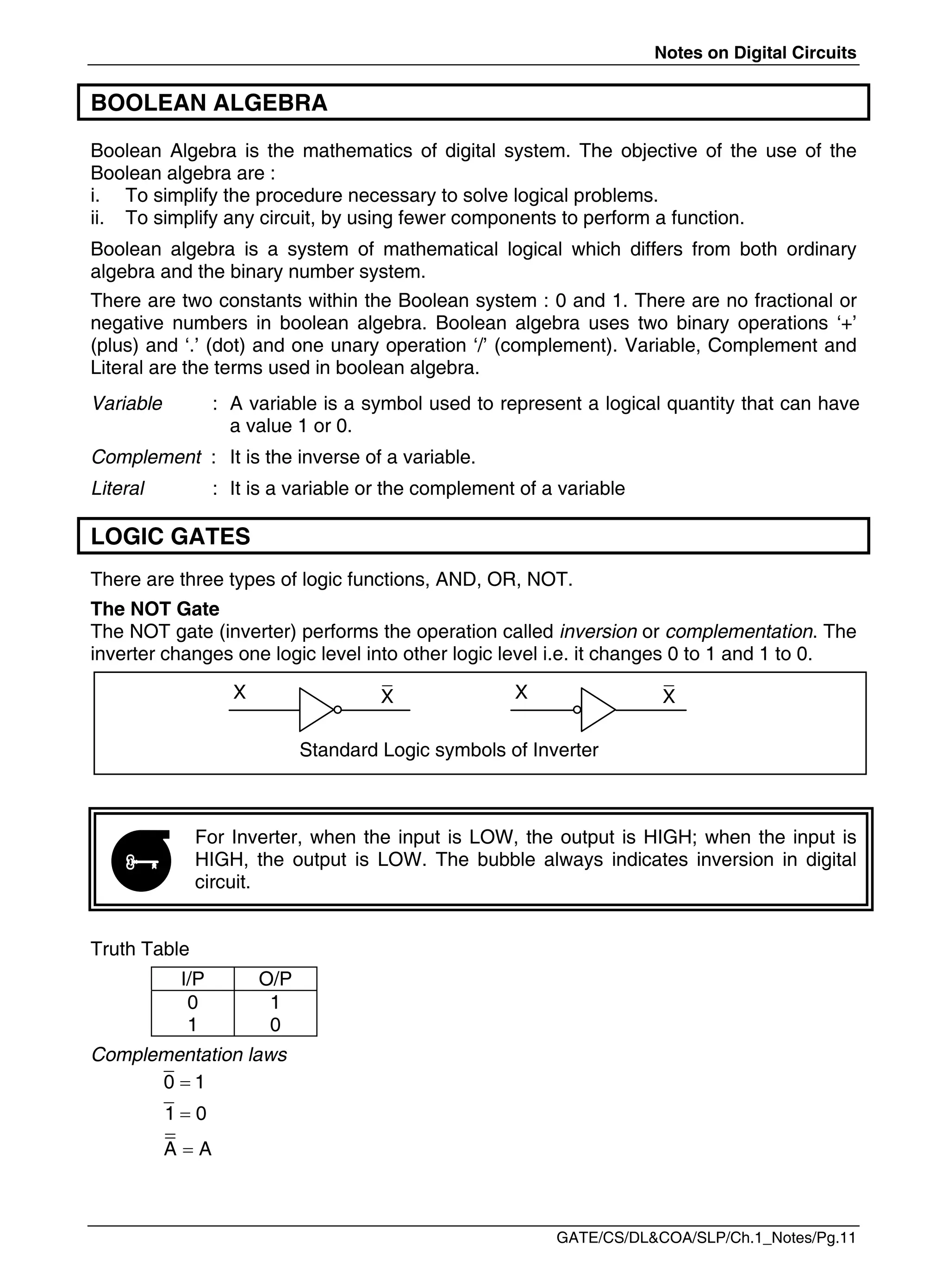 Notes on Digital Circuits
GATE/CS/DL&COA/SLP/Ch.1_Notes/Pg.11
BOOLEAN ALGEBRA
Boolean Algebra is the mathematics of digital system. The objective of the use of the
Boolean algebra are :
i. To simplify the procedure necessary to solve logical problems.
ii. To simplify any circuit, by using fewer components to perform a function.
Boolean algebra is a system of mathematical logical which differs from both ordinary
algebra and the binary number system.
There are two constants within the Boolean system : 0 and 1. There are no fractional or
negative numbers in boolean algebra. Boolean algebra uses two binary operations ‘+’
(plus) and ‘.’ (dot) and one unary operation ‘/’ (complement). Variable, Complement and
Literal are the terms used in boolean algebra.
Variable : A variable is a symbol used to represent a logical quantity that can have
a value 1 or 0.
Complement : It is the inverse of a variable.
Literal : It is a variable or the complement of a variable
LOGIC GATES
There are three types of logic functions, AND, OR, NOT.
The NOT Gate
The NOT gate (inverter) performs the operation called inversion or complementation. The
inverter changes one logic level into other logic level i.e. it changes 0 to 1 and 1 to 0.
Standard Logic symbols of Inverter
For Inverter, when the input is LOW, the output is HIGH; when the input is
HIGH, the output is LOW. The bubble always indicates inversion in digital
circuit.
Truth Table
I/P O/P
0
1
1
0
Complementation laws



0 1
1 0
A A
X X X X

 