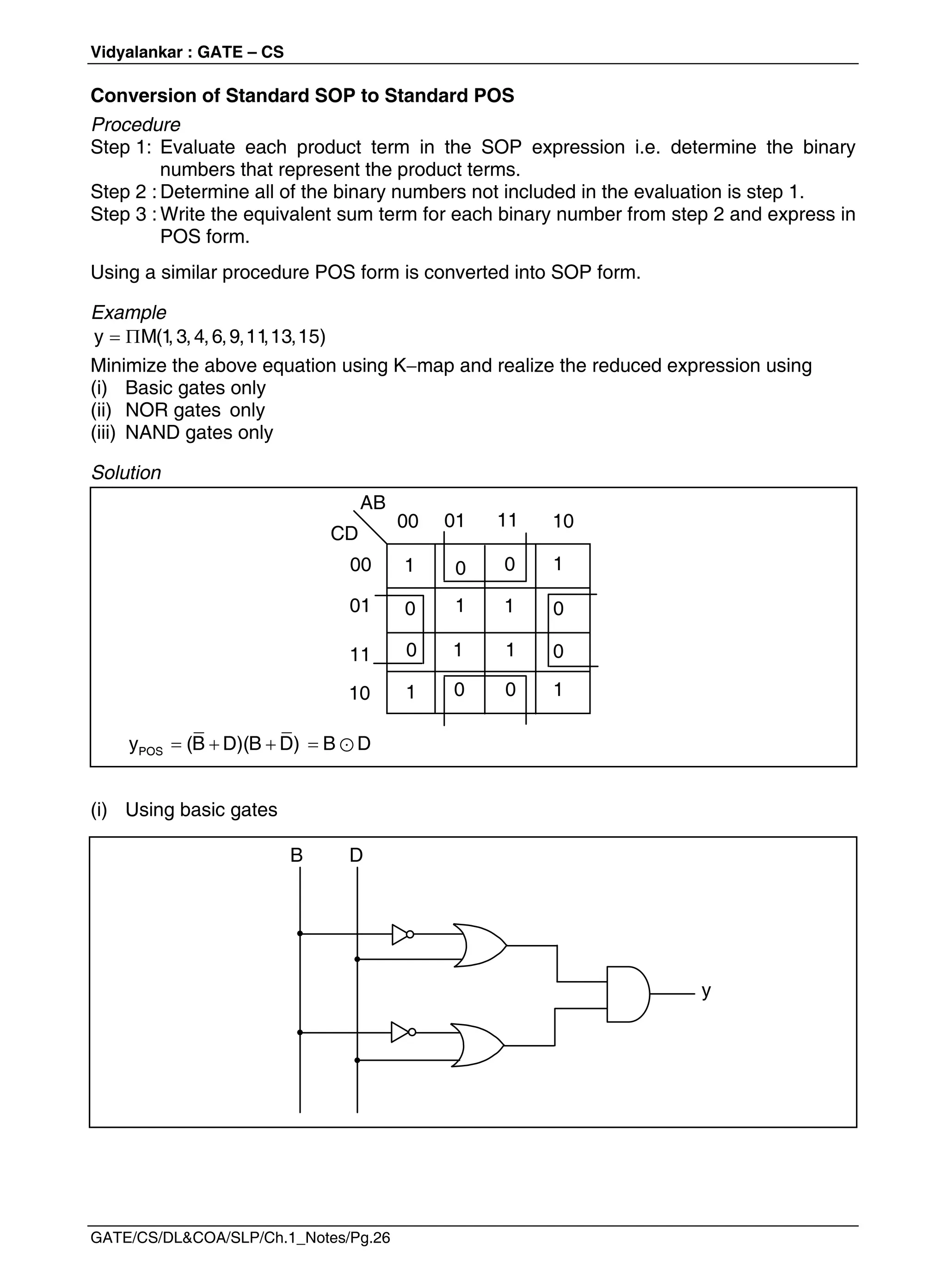 Vidyalankar : GATE – CS
GATE/CS/DL&COA/SLP/Ch.1_Notes/Pg.26
Conversion of Standard SOP to Standard POS
Procedure
Step 1: Evaluate each product term in the SOP expression i.e. determine the binary
numbers that represent the product terms.
Step 2 : Determine all of the binary numbers not included in the evaluation is step 1.
Step 3 : Write the equivalent sum term for each binary number from step 2 and express in
POS form.
Using a similar procedure POS form is converted into SOP form.
Example
        
y M(1
,3,4,6,9,11
,13,15)
Minimize the above equation using Kmap and realize the reduced expression using
(i) Basic gates only
(ii) NOR gates only
(iii) NAND gates only
Solution
    
POS
y (B D)(B D) B D
(i) Using basic gates
1 0
1 1
1
CD
AB
00 01 11 10
00
01
11
10
0
1
0
0
0
0
0
0
1
1
1
B D
y
 