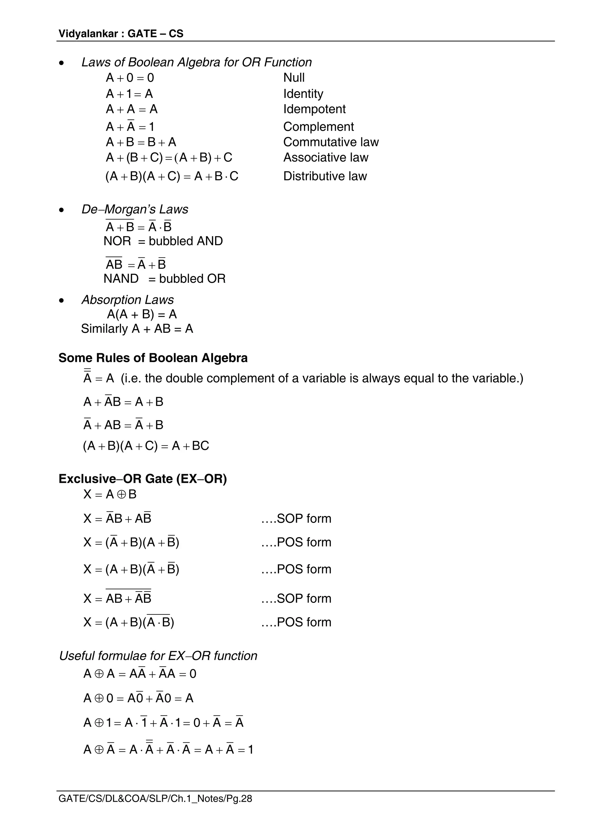 Vidyalankar : GATE – CS
GATE/CS/DL&COA/SLP/Ch.1_Notes/Pg.28
 Laws of Boolean Algebra for OR Function
 
A 0 0 Null
 
A 1 A Identity
 
A A A Idempotent
 
A A 1 Complement
  
A B B A Commutative law
    
A (B C) A B) C Associative law
    
(A B)(A C) A B C Distributive law
 DeMorgan’s Laws
  
A B A B
NOR = bubbled AND
 
AB A B
NAND = bubbled OR
 Absorption Laws
A(A + B) = A
Similarly A + AB = A
Some Rules of Boolean Algebra

A A (i.e. the double complement of a variable is always equal to the variable.)
  
A AB A B
  
A AB A B
   
(A B)(A C) A BC
ExclusiveOR Gate (EXOR)
 
X A B
 
X AB AB ….SOP form
  
X (A B)(A B) ….POS form
  
X (A B)(A B) ….POS form
 
X AB AB ….SOP form
  
X (A B)(A B) ….POS form
Useful formulae for EXOR function
   
A A AA AA 0
   
A 0 A0 A0 A
       
A 1 A 1 A 1 0 A A
       
A A A A A A A A 1
 