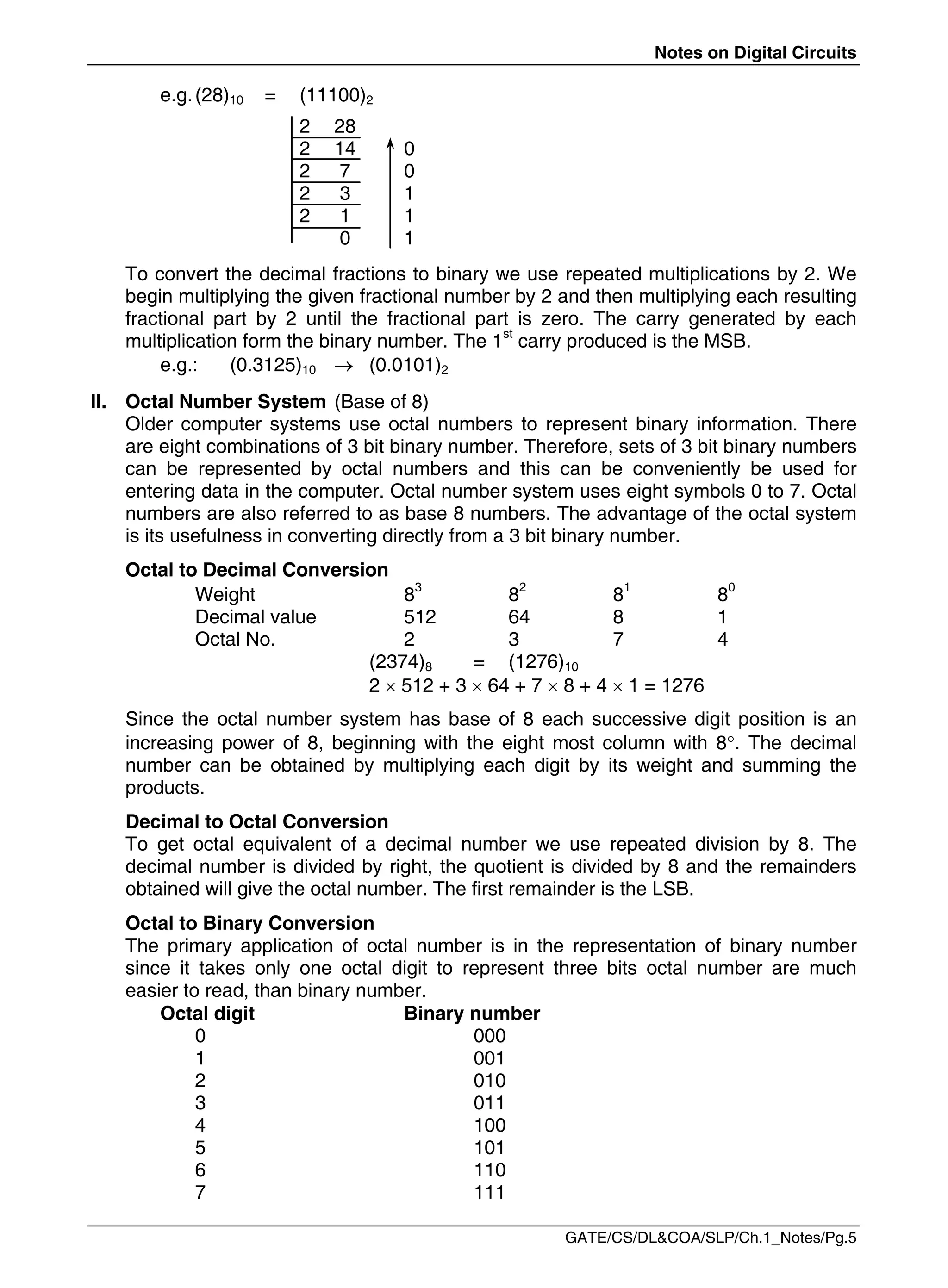 Notes on Digital Circuits
GATE/CS/DL&COA/SLP/Ch.1_Notes/Pg.5
e.g.(28)10 = (11100)2
2 28
2 14 0
2 7 0
2 3 1
2 1 1
0 1
To convert the decimal fractions to binary we use repeated multiplications by 2. We
begin multiplying the given fractional number by 2 and then multiplying each resulting
fractional part by 2 until the fractional part is zero. The carry generated by each
multiplication form the binary number. The 1st
carry produced is the MSB.
e.g.: (0.3125)10  (0.0101)2
II. Octal Number System (Base of 8)
Older computer systems use octal numbers to represent binary information. There
are eight combinations of 3 bit binary number. Therefore, sets of 3 bit binary numbers
can be represented by octal numbers and this can be conveniently be used for
entering data in the computer. Octal number system uses eight symbols 0 to 7. Octal
numbers are also referred to as base 8 numbers. The advantage of the octal system
is its usefulness in converting directly from a 3 bit binary number.
Octal to Decimal Conversion
Weight 83
82
81
80
Decimal value 512 64 8 1
Octal No. 2 3 7 4
(2374)8 = (1276)10
2  512 + 3  64 + 7  8 + 4  1 = 1276
Since the octal number system has base of 8 each successive digit position is an
increasing power of 8, beginning with the eight most column with 8. The decimal
number can be obtained by multiplying each digit by its weight and summing the
products.
Decimal to Octal Conversion
To get octal equivalent of a decimal number we use repeated division by 8. The
decimal number is divided by right, the quotient is divided by 8 and the remainders
obtained will give the octal number. The first remainder is the LSB.
Octal to Binary Conversion
The primary application of octal number is in the representation of binary number
since it takes only one octal digit to represent three bits octal number are much
easier to read, than binary number.
Octal digit Binary number
0 000
1 001
2 010
3 011
4 100
5 101
6 110
7 111
 