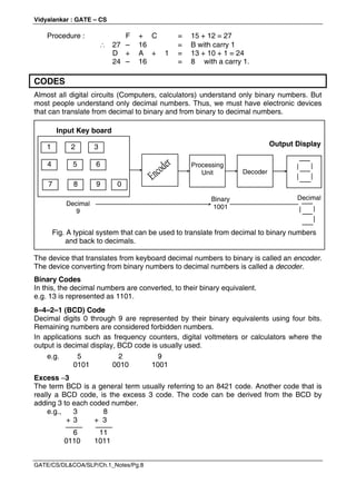 Vidyalankar : GATE – CS
GATE/CS/DL&COA/SLP/Ch.1_Notes/Pg.8
Procedure : F + C = 15 + 12 = 27
 27 – 16 = B with carry 1
D + A + 1 = 13 + 10 + 1 = 24
24 – 16 = 8 with a carry 1.
CODES
Almost all digital circuits (Computers, calculators) understand only binary numbers. But
most people understand only decimal numbers. Thus, we must have electronic devices
that can translate from decimal to binary and from binary to decimal numbers.
The device that translates from keyboard decimal numbers to binary is called an encoder.
The device converting from binary numbers to decimal numbers is called a decoder.
Binary Codes
In this, the decimal numbers are converted, to their binary equivalent.
e.g. 13 is represented as 1101.
8–4–2–1 (BCD) Code
Decimal digits 0 through 9 are represented by their binary equivalents using four bits.
Remaining numbers are considered forbidden numbers.
In applications such as frequency counters, digital voltmeters or calculators where the
output is decimal display, BCD code is usually used.
e.g. 5 2 9
0101 0010 1001
Excess 3
The term BCD is a general term usually referring to an 8421 code. Another code that is
really a BCD code, is the excess 3 code. The code can be derived from the BCD by
adding 3 to each coded number.
e.g., 3 8
+ 3 + 3
6 11
0110 1011
Output Display
Fig. A typical system that can be used to translate from decimal to binary numbers
and back to decimals.
Input Key board
1 2 3
4 5 6
7 8 9 0
Processing
Unit Decoder
Decimal
9
Binary
1001
Decimal
 