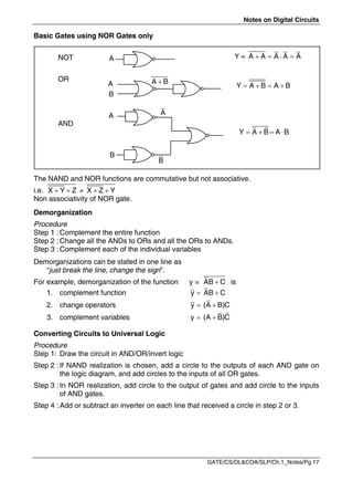Notes on Digital Circuits
GATE/CS/DL&COA/SLP/Ch.1_Notes/Pg.17
Basic Gates using NOR Gates only
The NAND and NOR functions are commutative but not associative.
i.e.     
X Y Z X Z Y
Non associativity of NOR gate.
Demorganization
Procedure
Step 1 : Complement the entire function
Step 2 : Change all the ANDs to ORs and all the ORs to ANDs.
Step 3 : Complement each of the individual variables
Demorganizations can be stated in one line as
“just break the line, change the sign”.
For example, demorganization of the function y = 
AB C is
1. complement function 
y 
AB C
2. change operators 
y 
(A B)C
3. complement variables 
y 
(A B)C
Converting Circuits to Universal Logic
Procedure
Step 1: Draw the circuit in AND/OR/invert logic
Step 2 : If NAND realization is chosen, add a circle to the outputs of each AND gate on
the logic diagram, and add circles to the inputs of all OR gates.
Step 3 : In NOR realization, add circle to the output of gates and add circle to the inputs
of AND gates.
Step 4 : Add or subtract an inverter on each line that received a circle in step 2 or 3.
Y =    
A A A A A
A
A
B

A B
   
Y A B A B
   
Y A B A B
NOT
OR
AND
A
B
A
B
 
