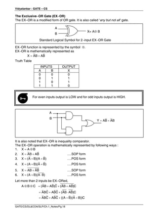 Vidyalankar : GATE – CS
GATE/CS/DL&COA/SLP/Ch.1_Notes/Pg.18
The ExclusiveOR Gate (EXOR)
The EXOR is a modified form of OR gate. It is also called ‘any but not all’ gate.
EXOR function is represented by the symbol .
EXOR is mathematically represented as
 
X AB AB
Truth Table
INPUTS OUTPUT
A B X
0
0
1
1
0
1
0
1
0
1
1
0
For even inputs output is LOW and for odd inputs output is HIGH.
It is also noted that EXOR is inequality comparator.
The EXOR operation is mathematically represented by following ways :
1.  
X A B
2.  
X AB AB ….SOP form
3.   
X (A B)(A B) ….POS form
4.   
X (A B)(A B) ….POS form
5.  
X AB AB ….SOP form
6.   
X (A B)(A B) ….POS form
Let more than 2 inputs be EXORed,
     
A B C (AB AB)C (AB AB)C
   
ABC ABC (AB AB)C
    
ABC ABC ((A B)(A B))C

A
B
 
Y AB AB
A
B
X= A B
Standard Logical Symbol for 2input EXOR Gate
 