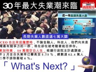 30 年最大失業潮來臨 「 What's Next? 」 長期失業人數直逼七萬大關 當 CEO 也出來投履歷時 ，不論金融人、科技人，他們向來是 台灣最有競爭力的一群，現在卻在被考驗著能否倖存。 失業加待業， 50 萬個空白人生， 根據行政院主計處調查， 今年 2 月全台失業率已攀高至 5.75 ％，總數達 62.4 萬人， 第二季不排除衝破 6 ％。 