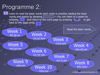 Programme 2: Week 1 We big up Week 2 Can go have Week 3 Come said Week 4 Was did see Week 5 Had got saw Week 6 For her into Week 7 Are no get Week 8 With down Week 9 Little this Week 10 There put Read the basic words… Learn to read the basic words each week or practise reading the basic words and poems by pressing  .You can listen to a poem by pressing  and return to the word page by pressing  to get back to this page press ©2006 justinedriver@wooshco.nz 