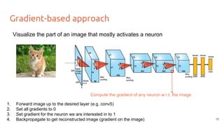 Gradient-based approach
Compute the gradient of any neuron w.r.t. the image
1. Forward image up to the desired layer (e.g. conv5)
2. Set all gradients to 0
3. Set gradient for the neuron we are interested in to 1
4. Backpropagate to get reconstructed image (gradient on the image)
Visualize the part of an image that mostly activates a neuron
16
 