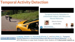 BSc
thesis
43
Temporal Activity Detection
A. Montes, Salvador, A., Pascual-deLaPuente, S., and Giró-i-Nieto, X., “Temporal
Activity Detection in Untrimmed Videos with Recurrent Neural Networks”, in 1st
NIPS Workshop on Large Scale Computer Vision Systems 2016 (best poster award)
 