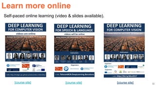 Learn more online
32[course site] [course site]
Self-paced online learning (video & slides available).
[course site]
 