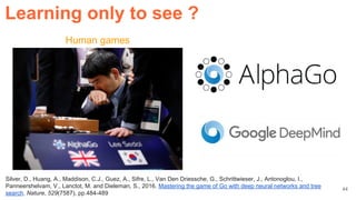 Human games
Learning only to see ?
44
Silver, D., Huang, A., Maddison, C.J., Guez, A., Sifre, L., Van Den Driessche, G., Schrittwieser, J., Antonoglou, I.,
Panneershelvam, V., Lanctot, M. and Dieleman, S., 2016. Mastering the game of Go with deep neural networks and tree
search. Nature, 529(7587), pp.484-489
 