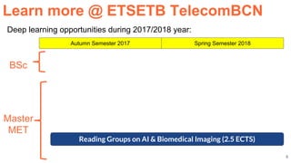 6
Deep learning opportunities during 2017/2018 year:
Learn more @ ETSETB TelecomBCN
Master
MET
BSc
Autumn Semester 2017 Spring Semester 2018
Reading Groups on AI & Biomedical Imaging (2.5 ECTS)
 