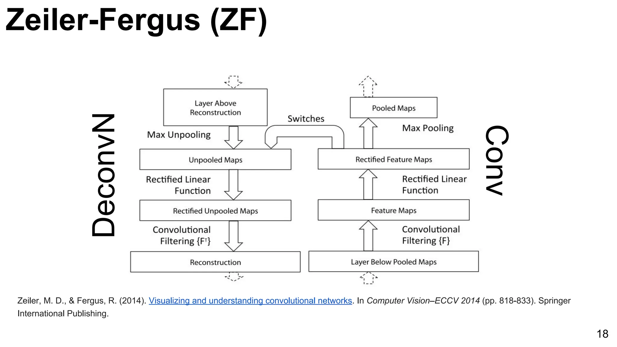 18
Zeiler-Fergus (ZF)
Zeiler, M. D., & Fergus, R. (2014). Visualizing and understanding convolutional networks. In Computer Vision–ECCV 2014 (pp. 818-833). Springer
International Publishing.
DeconvN
et
Conv
Net
 