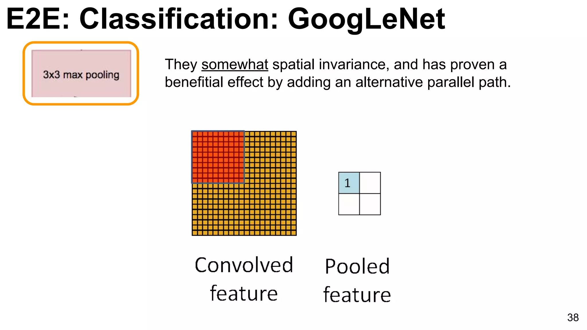 E2E: Classification: GoogLeNet
38
They somewhat spatial invariance, and has proven a
benefitial effect by adding an alternative parallel path.
 