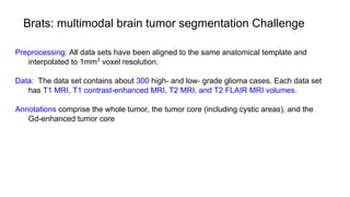Brats: multimodal brain tumor segmentation Challenge
Preprocessing: All data sets have been aligned to the same anatomical template and
interpolated to 1mm3
voxel resolution.
Data: The data set contains about 300 high- and low- grade glioma cases. Each data set
has T1 MRI, T1 contrast-enhanced MRI, T2 MRI, and T2 FLAIR MRI volumes.
Annotations comprise the whole tumor, the tumor core (including cystic areas), and the
Gd-enhanced tumor core
 