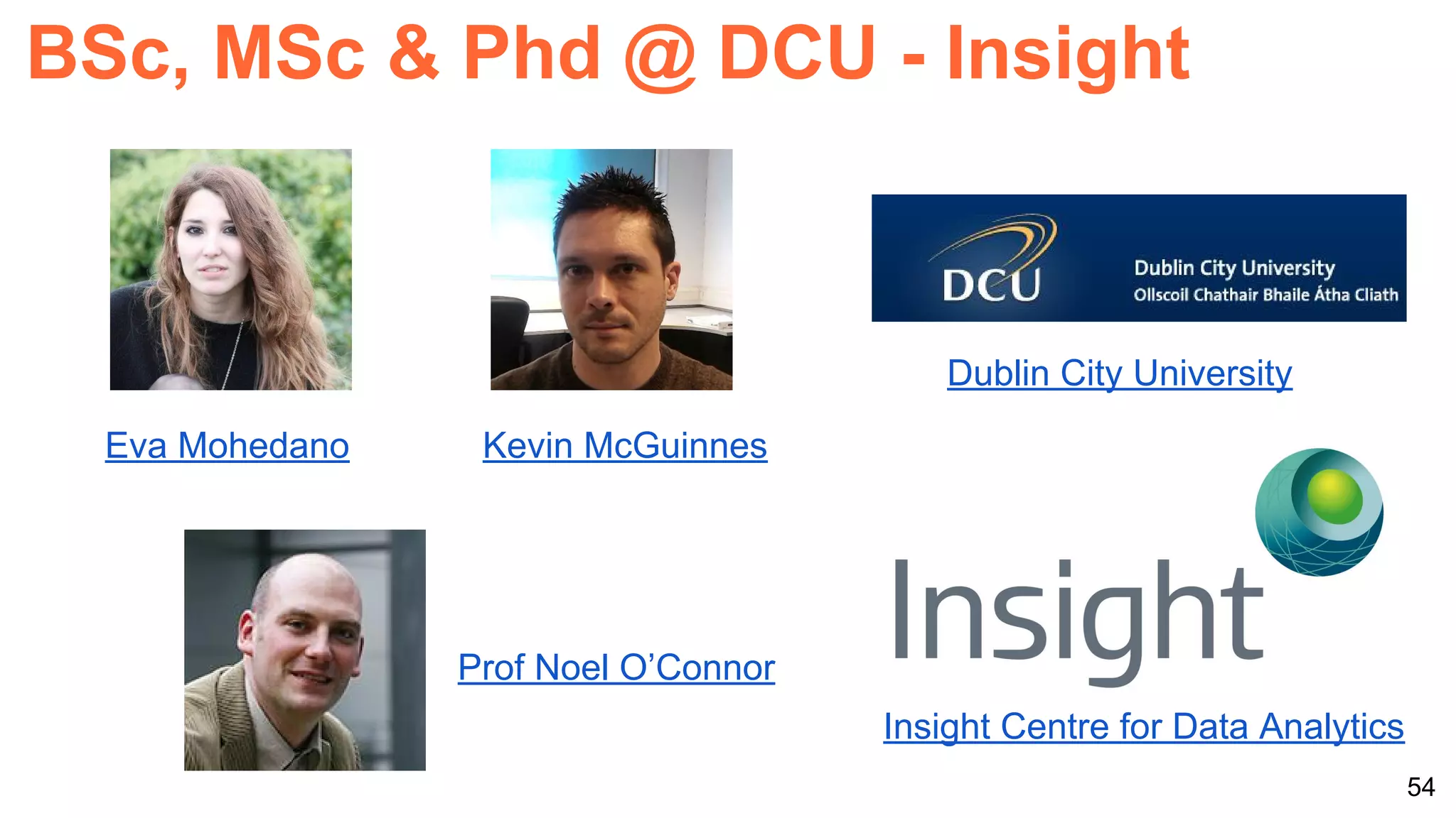 Eva Mohedano
Prof Noel O’Connor
Dublin City University
Insight Centre for Data Analytics
BSc, MSc & Phd @ DCU - Insight
Kevin McGuinnes
54
 
