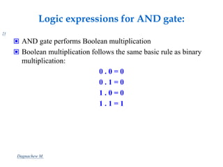 Logic expressions for AND gate:
21
 AND gate performs Boolean multiplication
 Boolean multiplication follows the same basic rule as binary
multiplication:
0 . 0 = 0
0 . 1 = 0
1 . 0 = 0
1 . 1 = 1
Dagnachew M.
 
