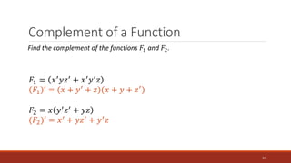 Complement of a Function
30
Find the complement of the functions 𝐹1 and 𝐹2.
𝐹1 = 𝑥′𝑦𝑧′ + 𝑥′𝑦′𝑧
(𝐹1)′ = (𝑥 + 𝑦′ + 𝑧)(𝑥 + 𝑦 + 𝑧′)
𝐹2 = 𝑥 𝑦′
𝑧′
+ 𝑦𝑧
(𝐹2)′ = 𝑥′
+ 𝑦𝑧′
+ 𝑦′
𝑧
 
