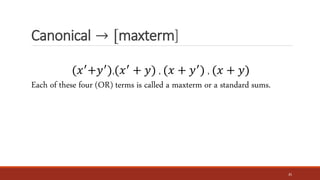 Canonical → [maxterm]
35
(𝑥′
+𝑦′
),(𝑥′
+ 𝑦) , (𝑥 + 𝑦′
) , (𝑥 + 𝑦)
Each of these four (OR) terms is called a maxterm or a standard sums.
 
