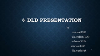  DLD PRESENTATION
by
shams(178)
Nasrallah(106)
saleem(132)
younas(146)
Kawar(151)
1
 