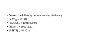 • Convert the following decimal numbers to binary
• (5.25)10 = 101.01
• (152.25)10 = 10011000.01
• (43.75)10 = 101011.11
• (0.6875)10 = 0.1011
 