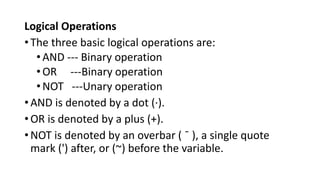 Logical Operations
•The three basic logical operations are:
•AND --- Binary operation
•OR ---Binary operation
•NOT ---Unary operation
•AND is denoted by a dot (·).
•OR is denoted by a plus (+).
•NOT is denoted by an overbar ( ¯ ), a single quote
mark (') after, or (~) before the variable.
 