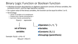 Binary Logic Function or Boolean function
• A Boolean function described by an algebraic expression consists of binary variables, the
constants 0 and 1, and the logic operation symbols.
• For a given value of the binary variables, the function can be equal to either 1 or 0.
• Terminology:
• Literal: A variable or its complement
• Product term: literals connected by •
• Sum term: literals connected by +
F(vars) = expression
Example: F(a,b) = a’•b + b’
G(x,y,z) = x•(y+z’)
set of binary
variables
◼Operators ( +, •, ‘ )
◼Variables
◼Constants ( 0, 1 )
◼Groupings (parenthesis)
 