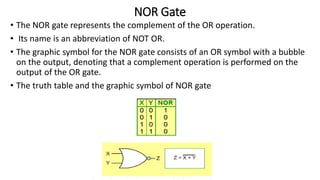 NOR Gate
• The NOR gate represents the complement of the OR operation.
• Its name is an abbreviation of NOT OR.
• The graphic symbol for the NOR gate consists of an OR symbol with a bubble
on the output, denoting that a complement operation is performed on the
output of the OR gate.
• The truth table and the graphic symbol of NOR gate
 