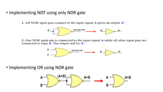 • Implementing NOT using only NOR gate
• Implementing OR using NOR gate
 