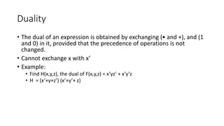 Duality
• The dual of an expression is obtained by exchanging (• and +), and (1
and 0) in it, provided that the precedence of operations is not
changed.
• Cannot exchange x with x’
• Example:
• Find H(x,y,z), the dual of F(x,y,z) = x’yz’ + x’y’z
• H = (x’+y+z’) (x’+y’+ z)
 
