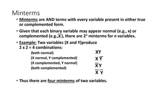 Minterms
• Minterms are AND terms with every variable present in either true
or complemented form.
• Given that each binary variable may appear normal (e.g., x) or
complemented (e.g., ), there are 2n minterms for n variables.
• Example: Two variables (X and Y)produce
2 x 2 = 4 combinations:
(both normal)
(X normal, Y complemented)
(X complemented, Y normal)
(both complemented)
• Thus there are four minterms of two variables.
Y
X
XY
Y
X
Y
X
x
 