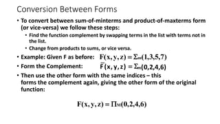 Conversion Between Forms
• To convert between sum-of-minterms and product-of-maxterms form
(or vice-versa) we follow these steps:
• Find the function complement by swapping terms in the list with terms not in
the list.
• Change from products to sums, or vice versa.
• Example: Given F as before:
• Form the Complement:
• Then use the other form with the same indices – this
forms the complement again, giving the other form of the original
function:
)
7
,
5
,
3
,
1
(
)
z
,
y
,
x
(
F m
S
=
)
6
,
4
,
2
,
0
(
)
z
,
y
,
x
(
F m
S
=
)
6
,
4
,
2
,
0
(
)
z
,
y
,
x
(
F M
P
=
 