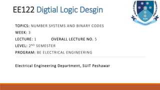 EE122 Digtial Logic Desgin
TOPICS: NUMBER SYSTEMS AND BINARY CODES
WEEK: 3
LECTURE: 1 OVERALL LECTURE NO. 5
LEVEL: 2ND SEMESTER
PROGRAM: BE ELECTRICAL ENGINEERING
Electrical Engineering Department, SUIT Peshawar
 