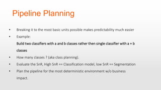 Pipeline Planning
• Breaking it to the most basic units possible makes predictability much easier
• Example:
Build two classifiers with a and b classes rather then single classifier with a + b
classes
• How many classes ? (aka class planning).
• Evaluate the SnR, High SnR == Classification model, low SnR == Segmentation
• Plan the pipeline for the most deterministic environment w/o business
impact.
 