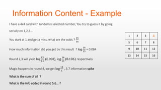 Information Content - Example
I have a 4x4 card with randomly selected number, You try to guess it by going
serially on 1,2,3…
You start at 1 and get a miss, what are the odds ?
15
16
How much information did you get by this result ? log
16
15
= 0.084
Round 2,3 will yield log
15
14
(0.098), log
14
13
(0.106) respectively
Magic happens in round 4, we get log
13
1
, 3.7 information spike
What is the sum of all ?
What is the info added in round 5,6... ?
1 2 3
5 6 7 8
9 10 11 12
13 14 15 16
 