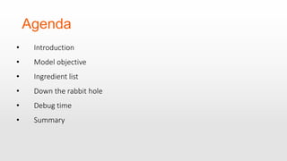 Agenda
• Introduction
• Model objective
• Ingredient list
• Down the rabbit hole
• Debug time
• Summary
 
