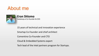 About me
Eran Shlomo
15 years of technical and innovation experience
Smartap Co-Founder and chief architect
Comentino Co-Founder and CTO
Cloud & Embedded Systems expert
Tech lead of the Intel partners program for Startups.
Dataloop.ai Co-founder & CEO
 